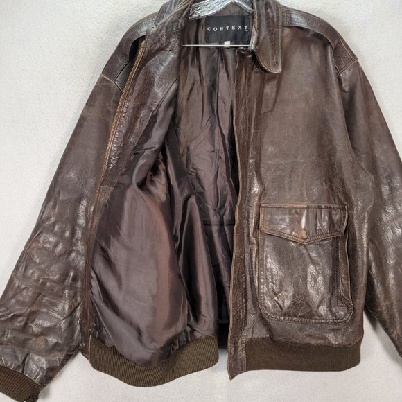Vintage Context Brown Leather Collared Distressed Aviator Moto Jacket Coat - Picture 4 of 16